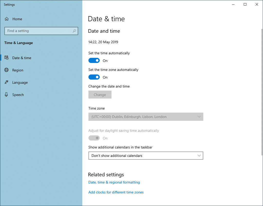 Preferências de data e hora no Windows 10